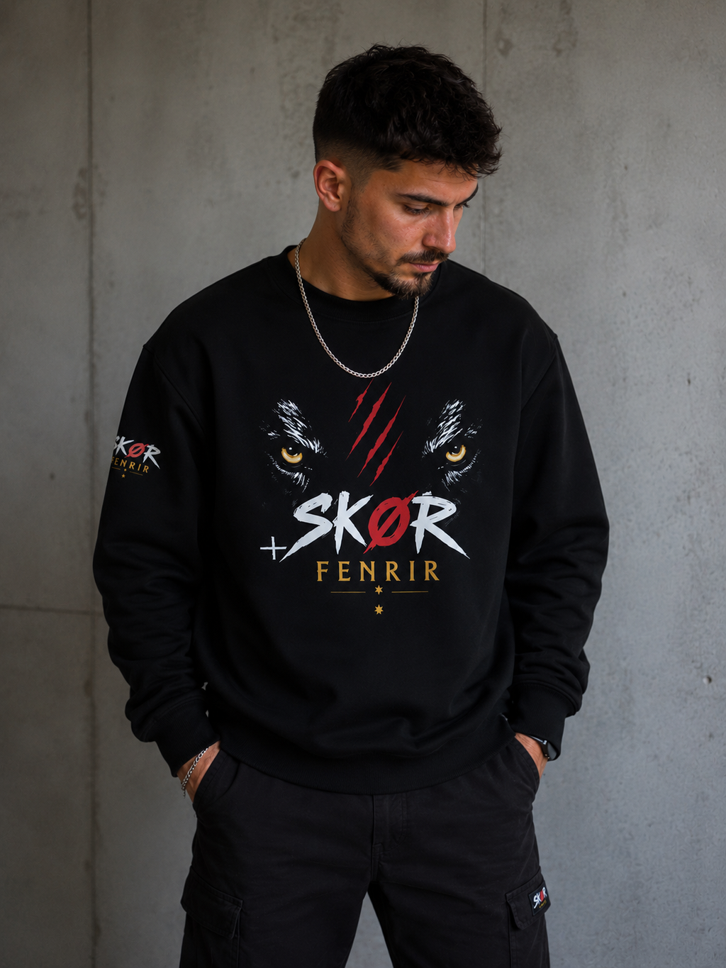 SKØR Sweat Col Rond Unisexe FENRIR – Loup Nordique Streetwear Noir