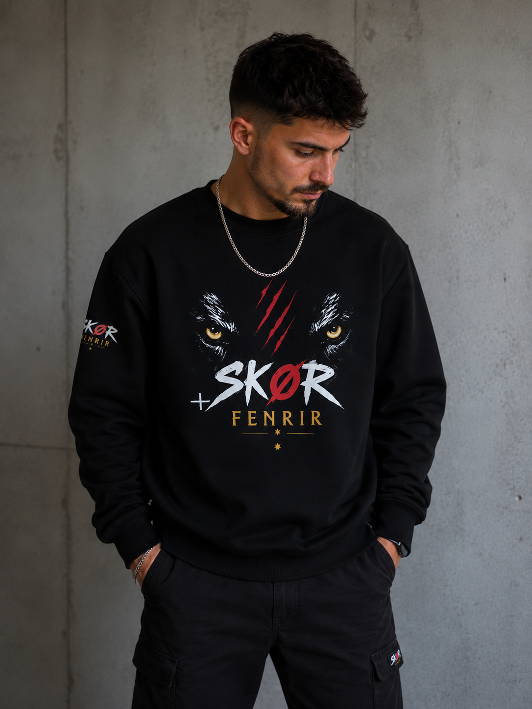 SKØR Sweat Col Rond Unisexe FENRIR – Loup Nordique Streetwear Noir