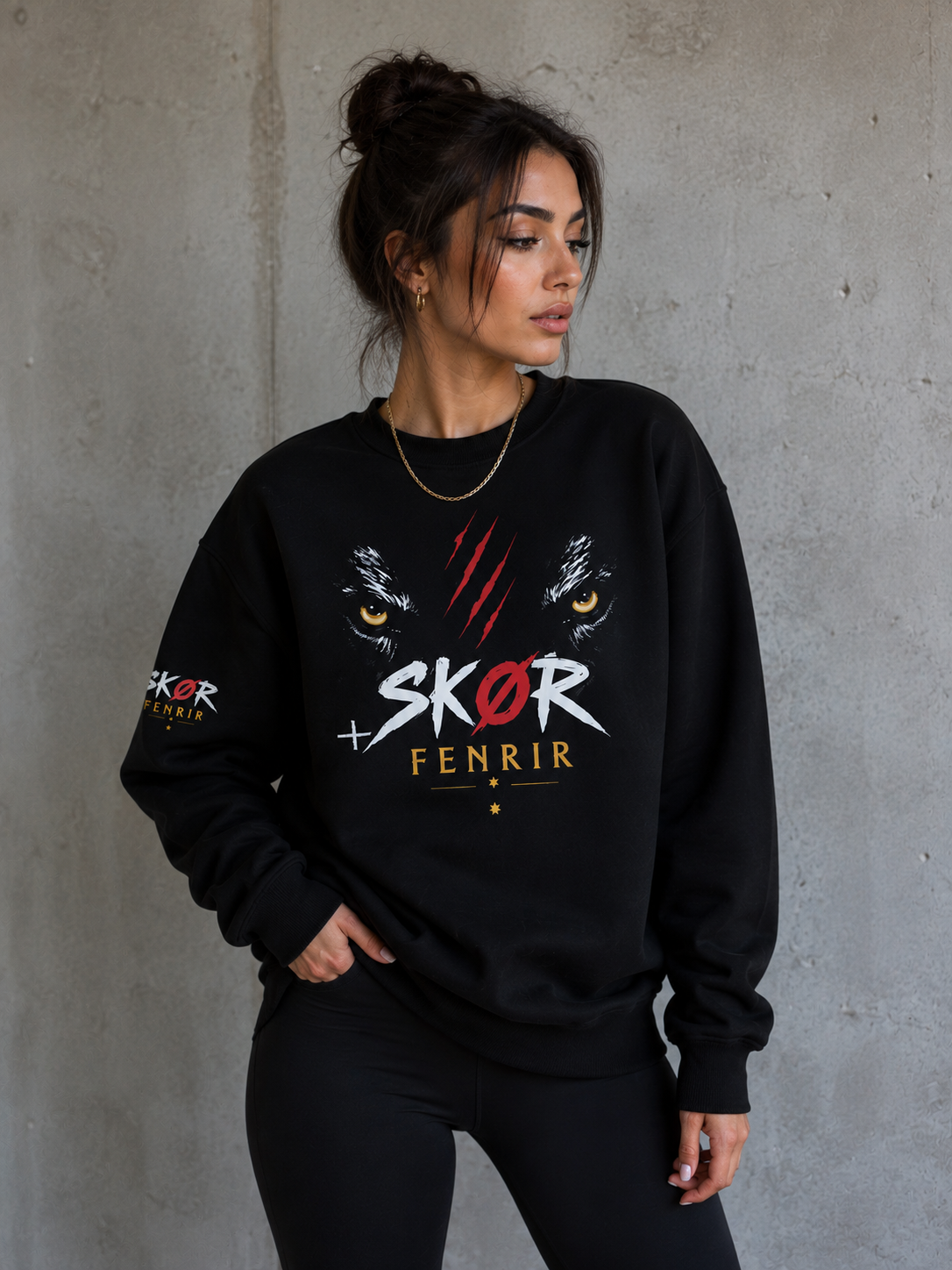 SKØR Sweat Col Rond Unisexe FENRIR – Loup Nordique Streetwear Noir